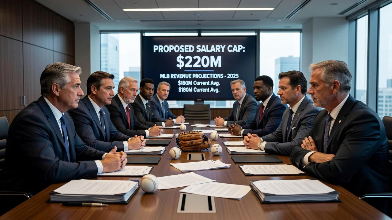 Illustration of MLB salary cap proposal negotiations between executives and players.
