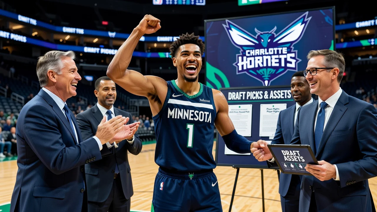Illustration of LaMelo Ball joining the Timberwolves in a major trade from the Hornets.