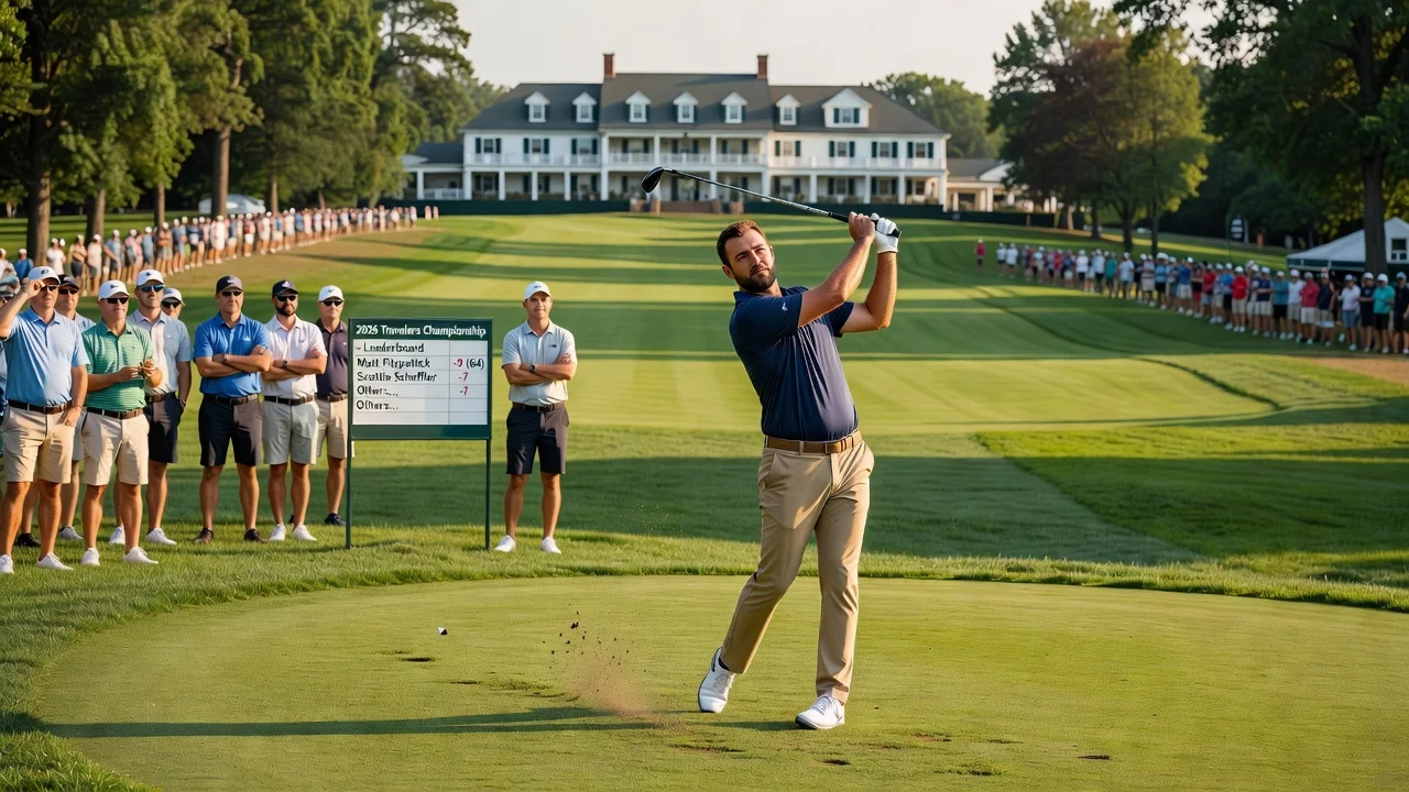 Golfers competing in the Travelers Championship at TPC River Highlands, featuring Matt Fitzpatrick and Scottie Scheffler.