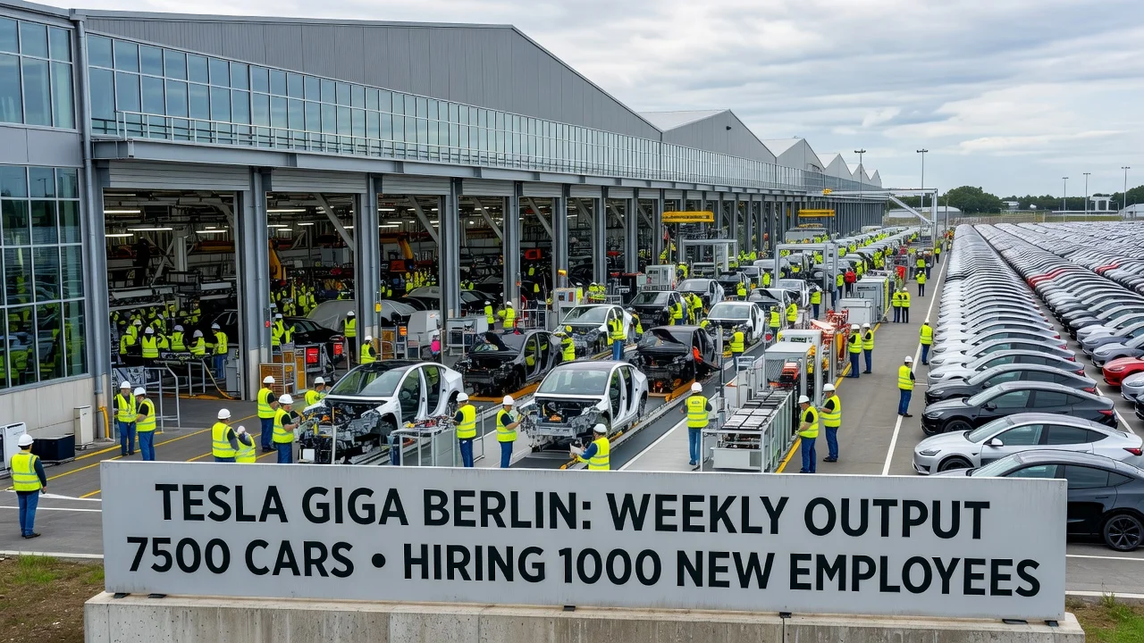 Aerial view of the Tesla Gigafactory Berlin with active production lines and workers assembling vehicles, illustrating the company's production expansion.