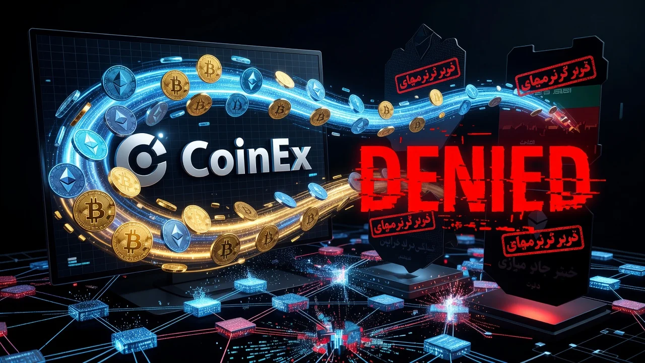 Illustration of CoinEx denying crypto transactions with sanctioned Iranian entities, showing blockchain flows and denial stamps.