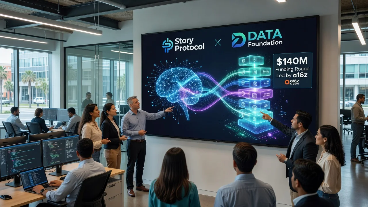 Illustration of Story Protocol rebranding to DATA Foundation for AI data infrastructure in news article.