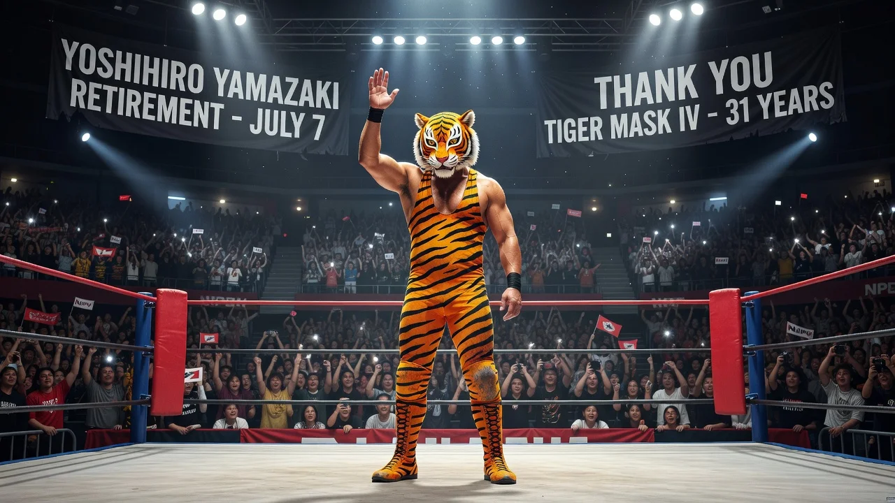 Tiger Mask IV in NJPW ring on retirement day, July 7, emotional pose with crowd in background.