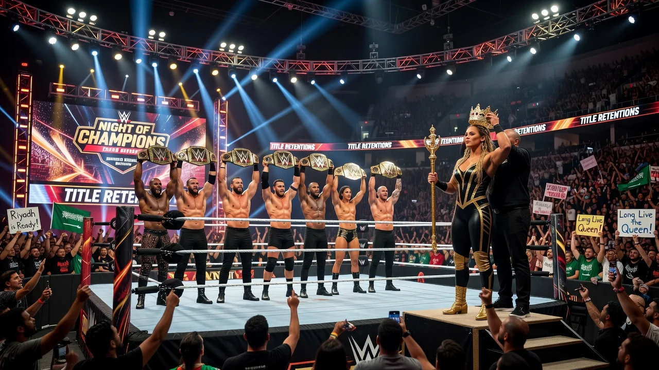 WWE wrestlers celebrating at Night of Champions event in Riyadh with title belts and Queen of the Ring coronation.