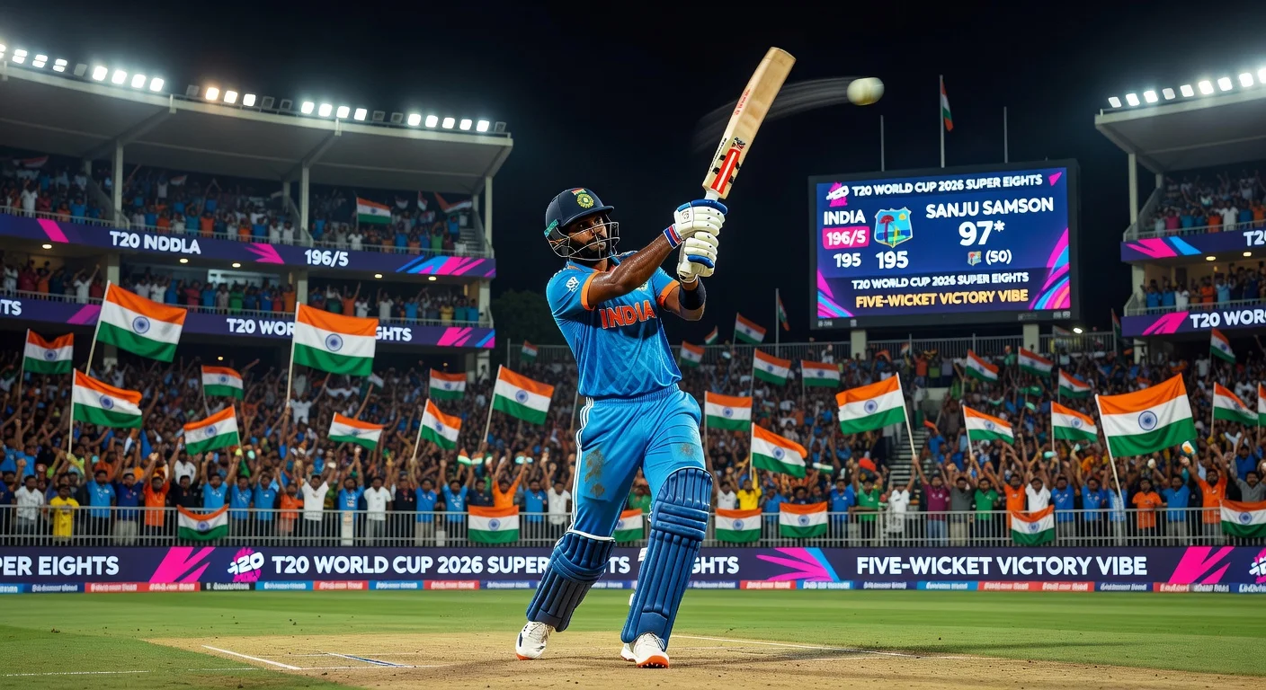Sanju Samson celebrates unbeaten 97 powering India to T20 World Cup semi-finals win over West Indies at Eden Gardens amid controversy.