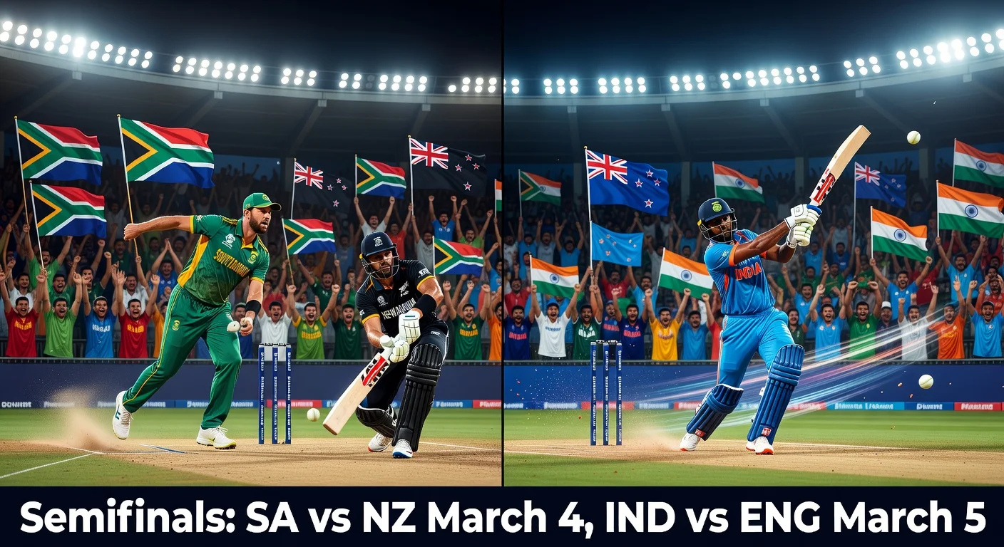 Dynamic split-image illustration of T20 World Cup 2026 semifinals: South Africa vs New Zealand at Eden Gardens and India vs England at Wankhede Stadium.