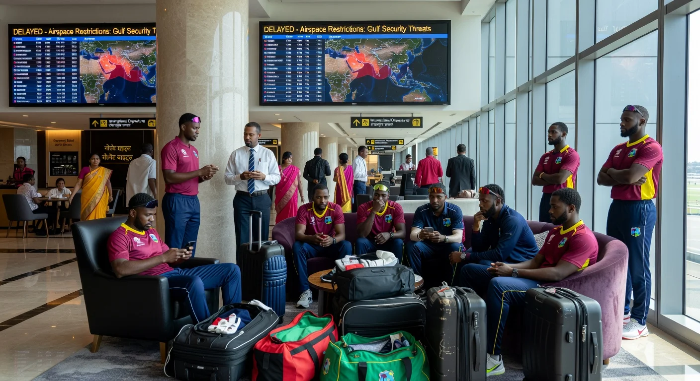 West Indies cricket team safely waiting in an Indian airport lounge amid flight delays due to Gulf airspace restrictions.