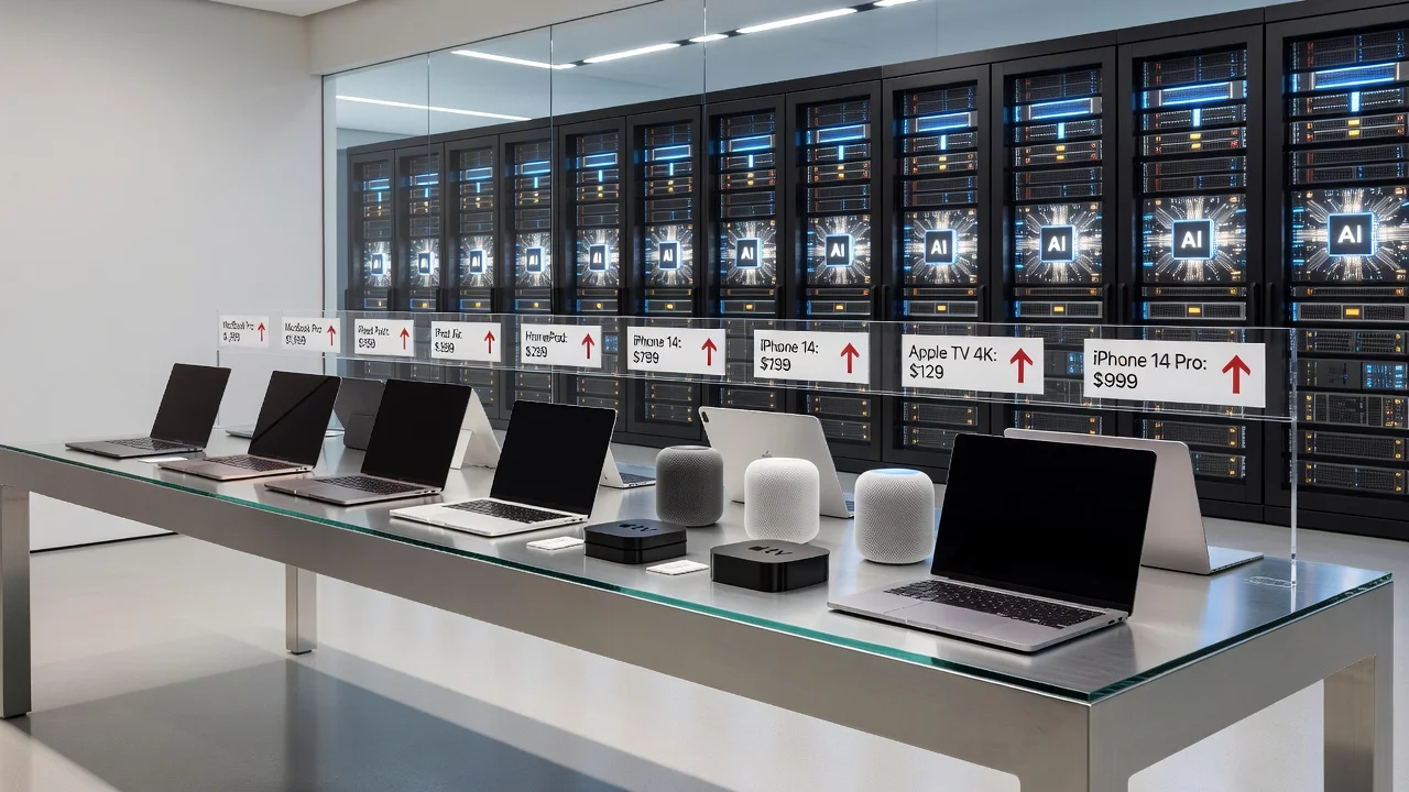 Apple products with increased prices displayed alongside AI data center imagery, illustrating rising costs due to chip demand.