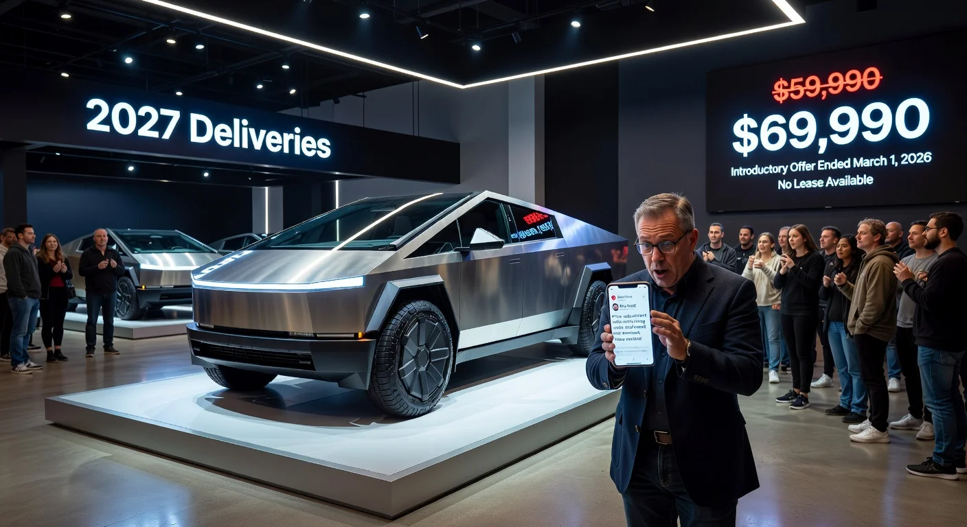 Tesla Cybertruck Dual Motor AWD with price hike from $59,990 to $69,990 after 10-day offer ends, showroom scene.