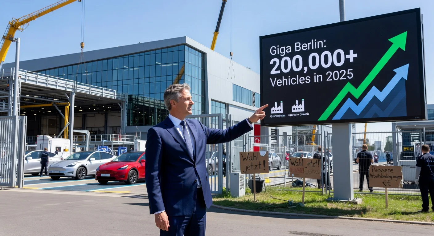 Tesla Giga Berlin factory illustration showing plant manager disputing low production reports with stats display and active Model Y assembly amid expansion.