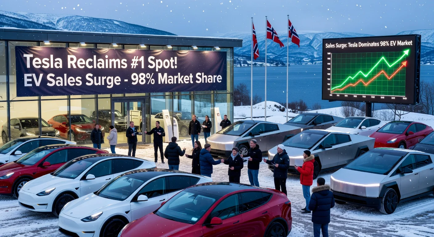 Tesla dealership in snowy Norway celebrates reclaiming top EV sales spot in February 2026 with 98% market share.