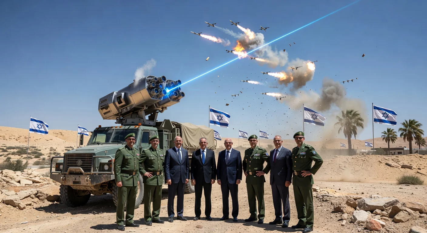 Israeli officials deliver the first Iron Beam laser air-defense system to IDF soldiers, depicted intercepting drones and rockets in a desert military base.