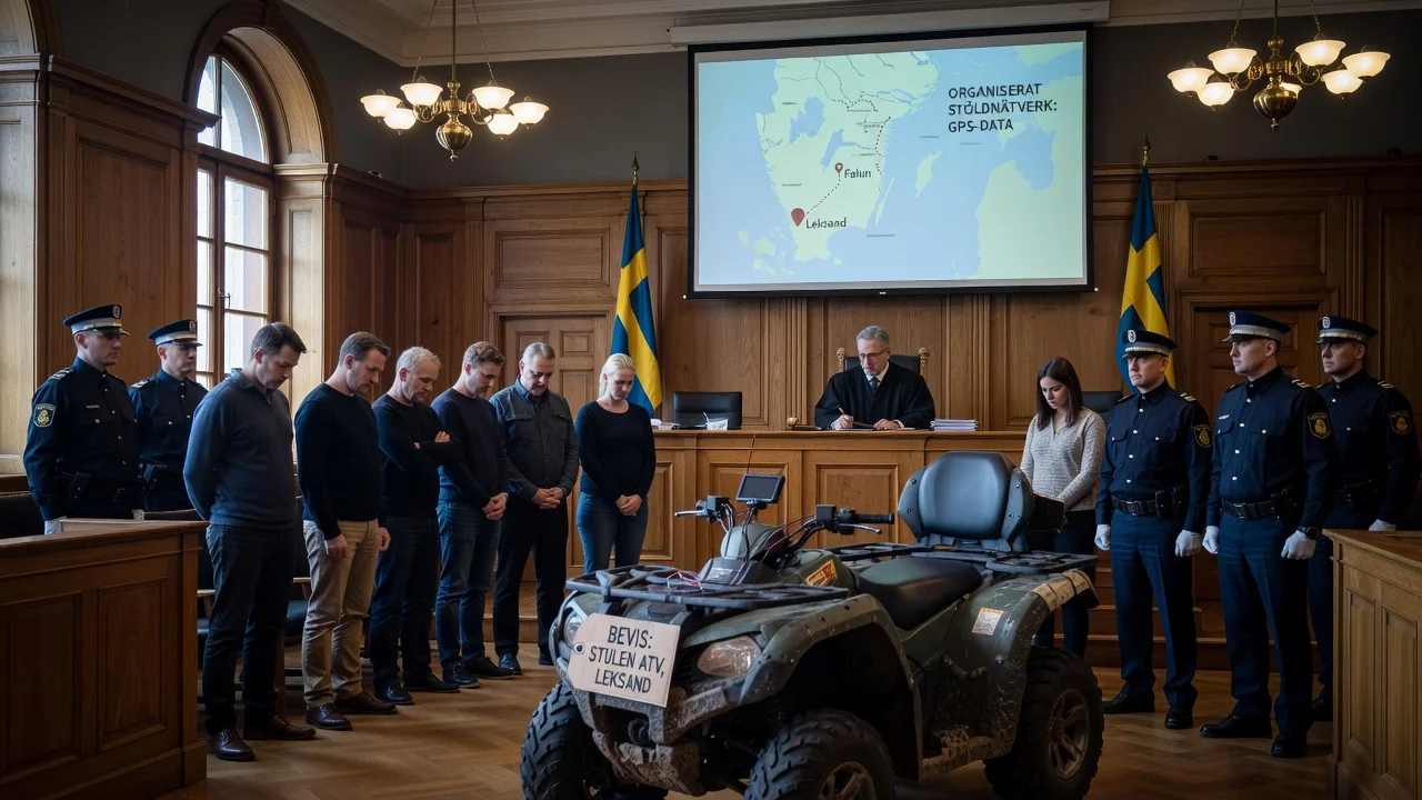 Courtroom scene from the Dalarna theft ring sentencing with stolen ATV evidence.