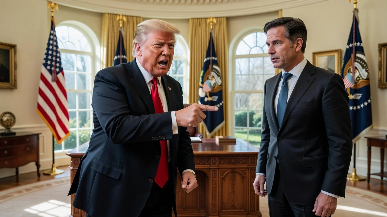Illustration of Donald Trump lashing out at Spain during a meeting with NATO Secretary General in the Oval Office.