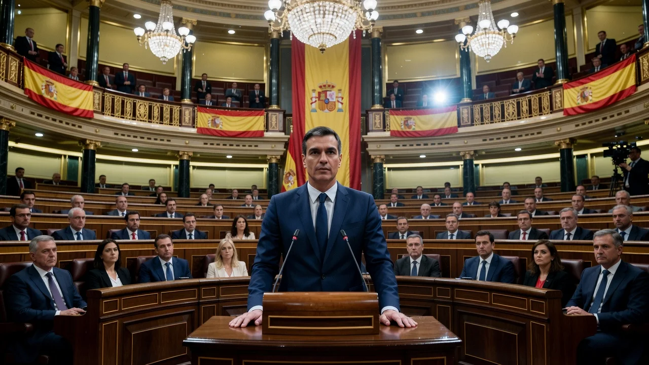 Pedro Sánchez addressing parliament amid corruption scandal inquiries in the Spanish Congress.