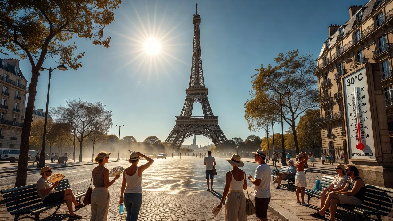 Illustration of heatwave in France featuring the Eiffel Tower, people in heat, and a thermometer at 30°C