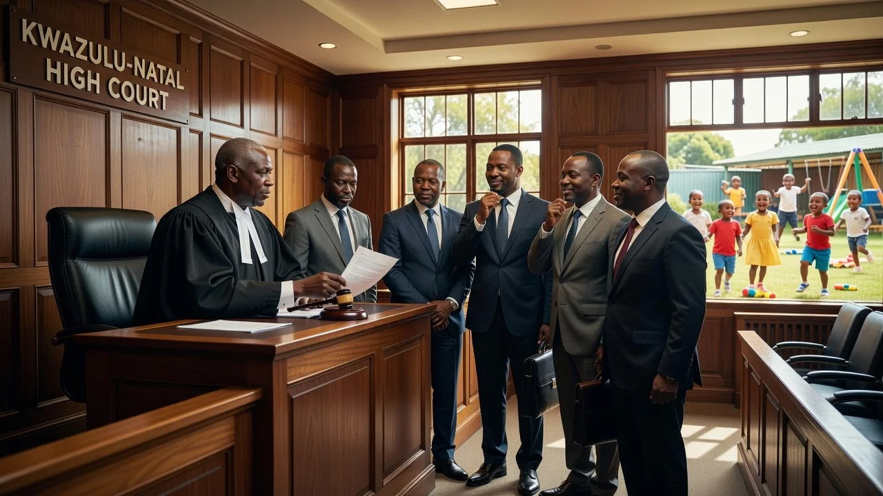 A courtroom scene illustrating the court order for ECD subsidies in KwaZulu-Natal, with a judge, lawyers, and children in the background.