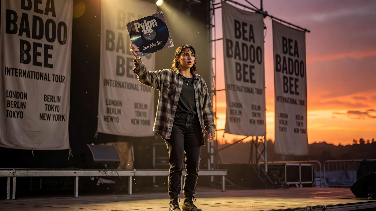 Beabadoobee announcing her new album Pylon on stage with a sunset and tour posters.