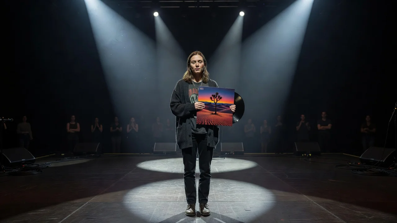 Phoebe Bridgers holding a 'Lost Weekend' vinyl record on a spotlighted stage