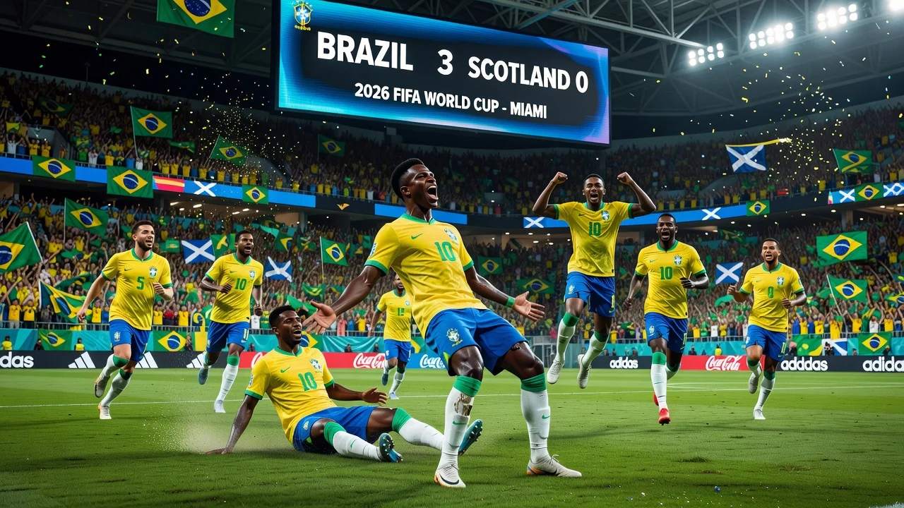 Brazilian soccer team celebrating their 3-0 victory over Scotland in the 2026 World Cup match in Miami.