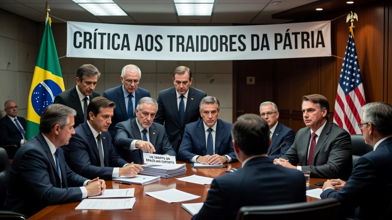 Illustration of Brazilian diplomats criticizing traitors over US tariffs involving Senator Bolsonaro