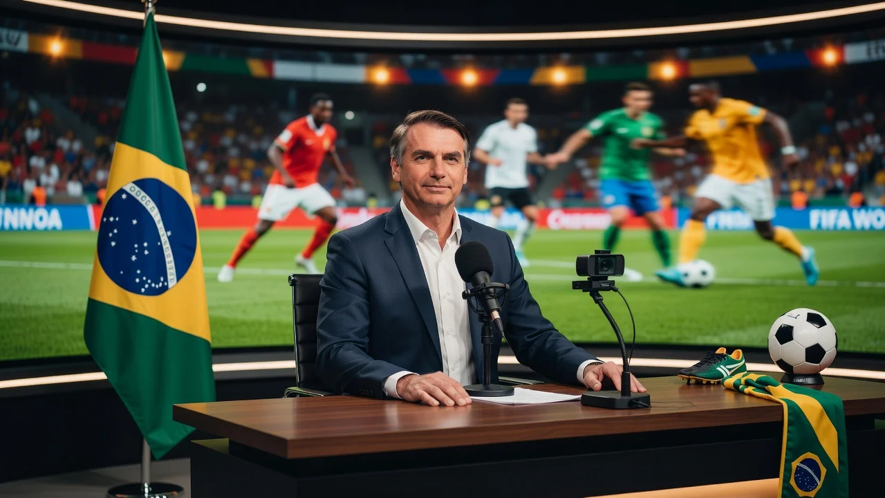 Senator Flávio Bolsonaro conducting a composed World Cup live stream, avoiding controversy