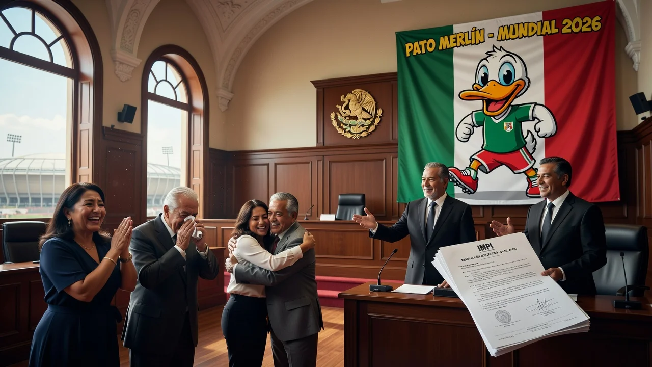 Illustration of a Mexican courtroom scene with the Pato Merlín duck mascot and family celebrating a trademark ruling.
