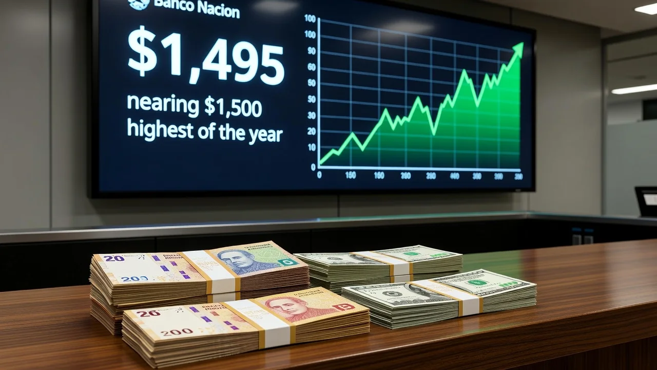 Illustration of rising US dollar exchange rate against Argentine peso at Banco Nación bank.