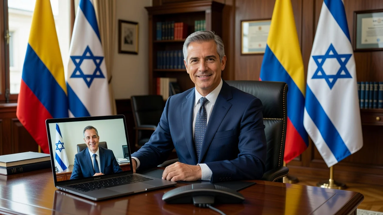 Photorealistic image showing a video call between Colombia's president-elect and Israel's foreign minister symbolizing diplomatic support.
