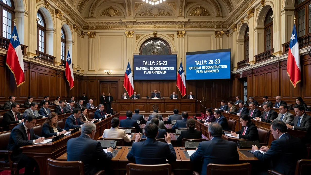 Chilean senators voting in ornate chamber on Kast megareform with vote tally displayed