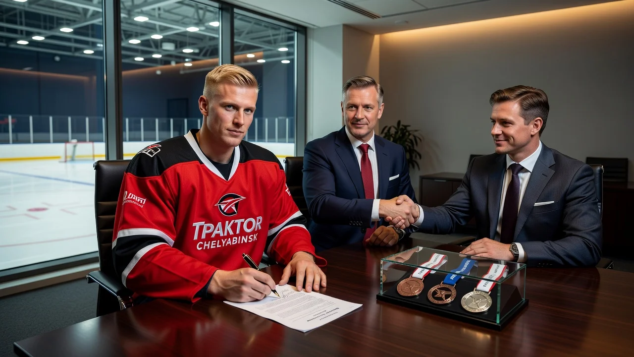 Norwegian goalkeeper Henrik Haukeland signing a contract with Traktor Chelyabinsk in the KHL.