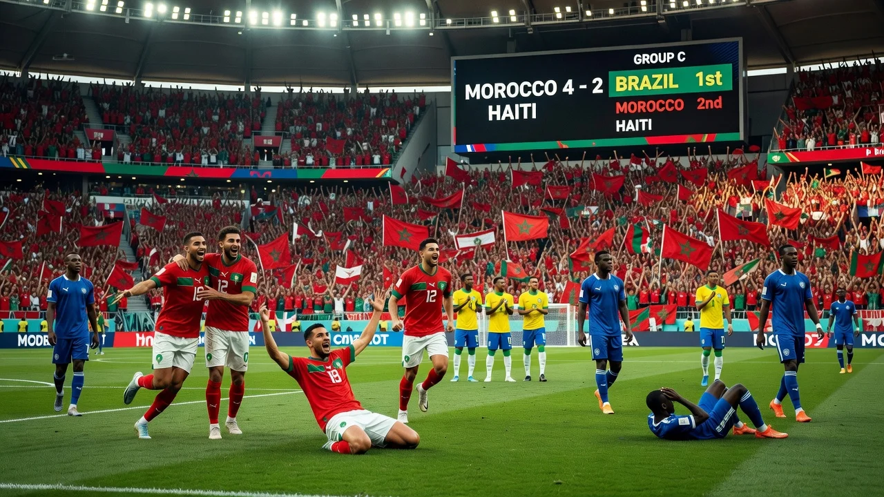 Moroccan soccer team celebrating a 4-2 victory over Haiti at the 2026 World Cup, with Brazil in the background.