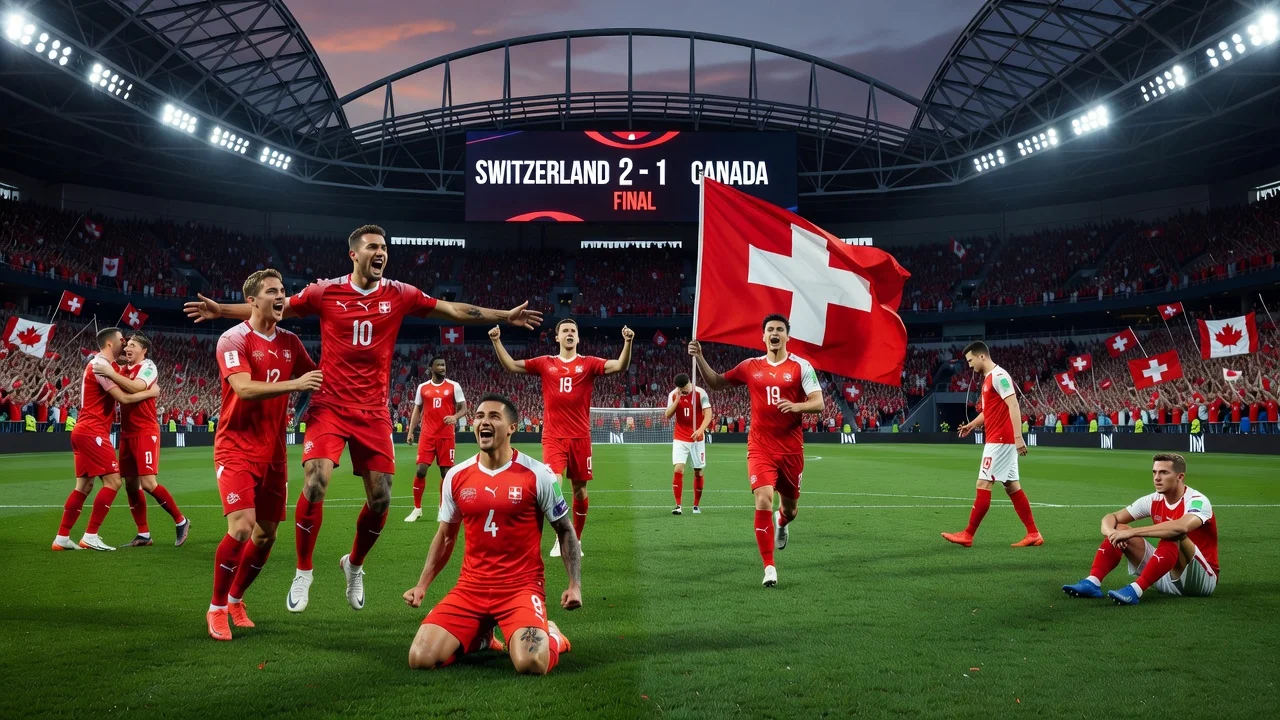 Swiss soccer team celebrating their 2-1 victory over Canada at the World Cup.