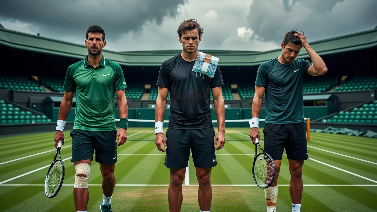 Photorealistic illustration of injured tennis players Djokovic, Fritz, and Fonseca withdrawing before Wimbledon on a grass court.