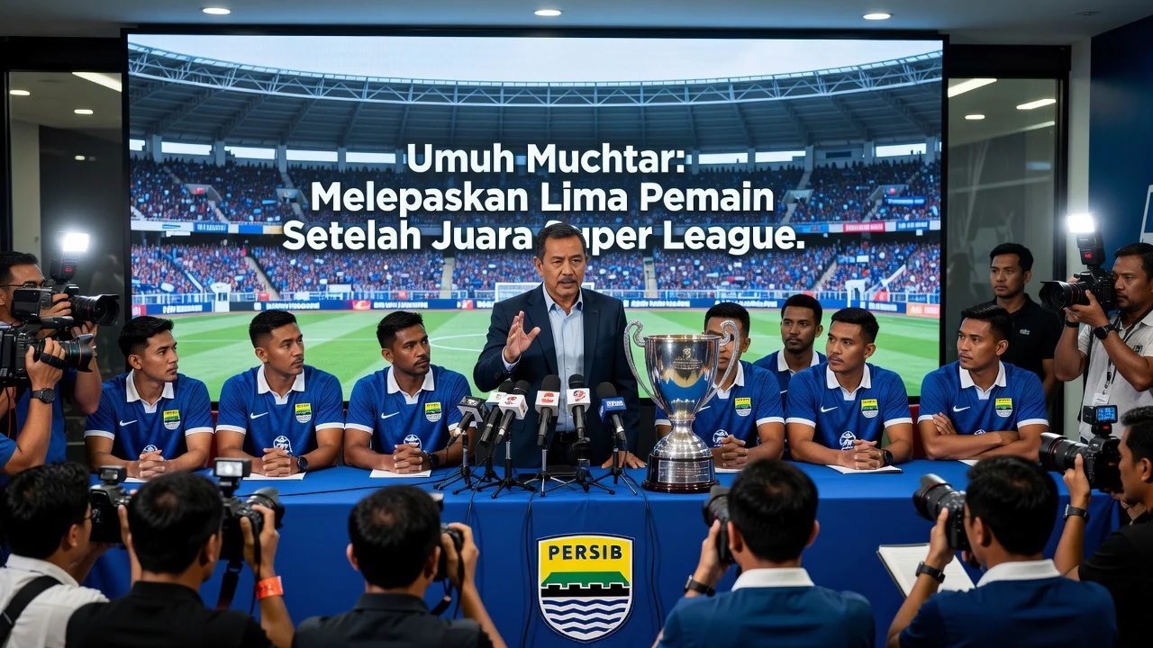 Persib Bandung manager at press conference after league win, discussing player releases.