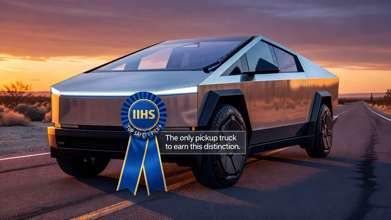 A Tesla Cybertruck displayed with an IIHS Top Safety Pick+ award, illustrating its top safety rating.