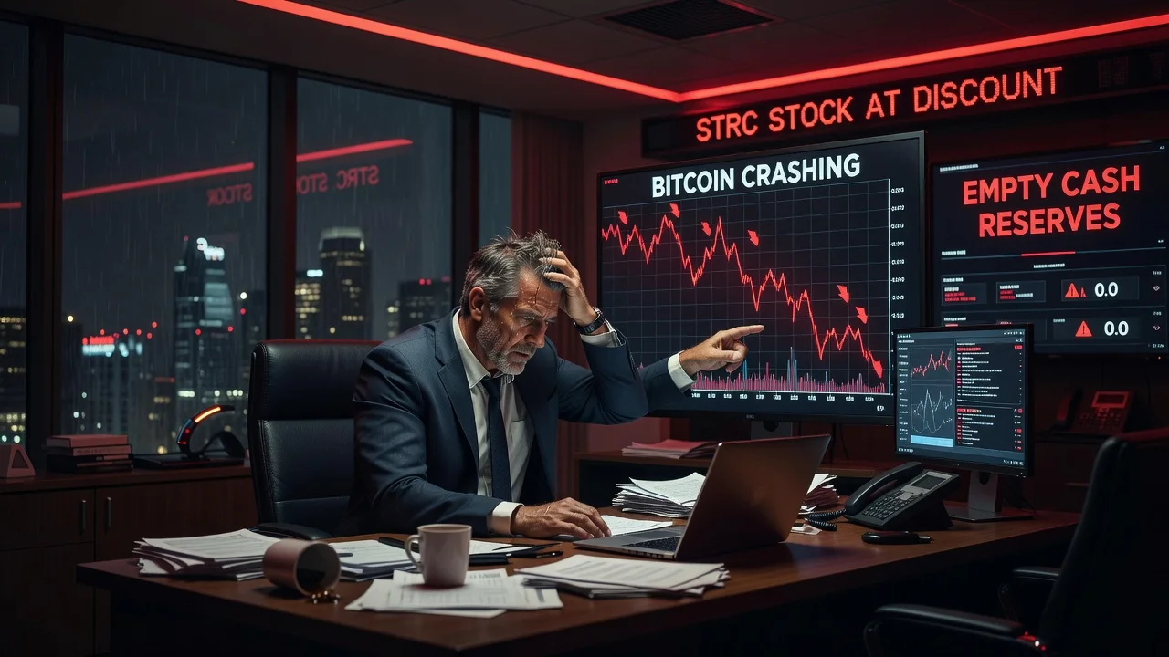 Illustration of a stressed executive facing cash strain amid crashing Bitcoin and STRC stock charts.