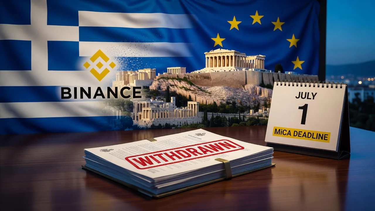 Illustration of Binance withdrawing its MiCA license application from Greece for a news article
