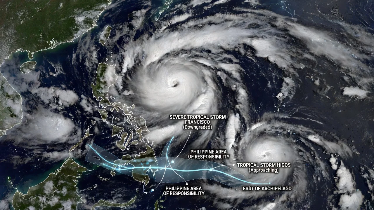 Satellite image showing tropical storms Francisco and Higos near the Philippines.