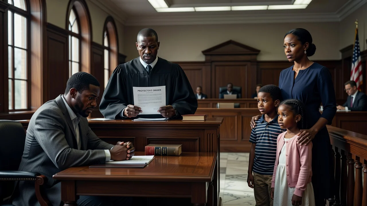 Courtroom illustration of Big Tigger receiving a protective order separating him from his family.