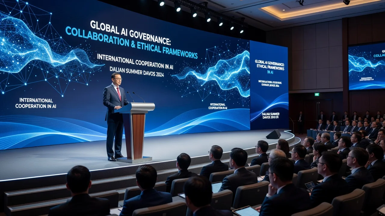 Chinese Premier Li Qiang delivering a speech at the Summer Davos forum about AI governance.
