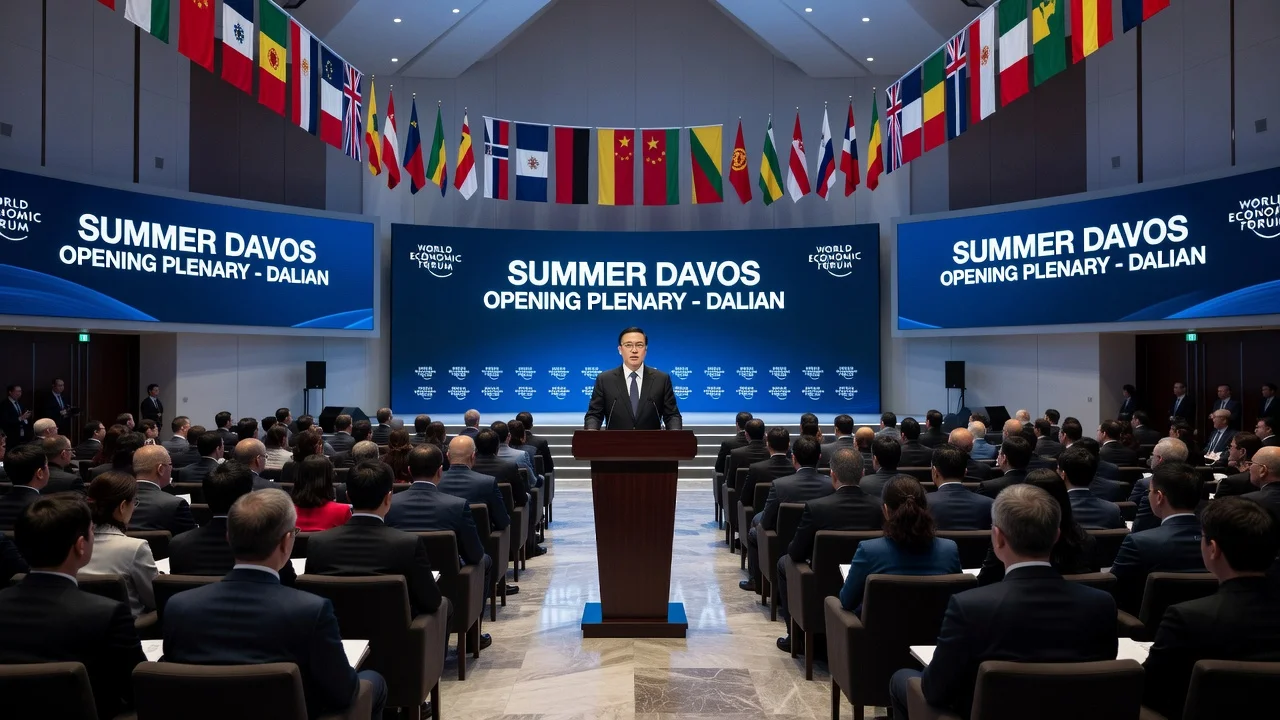 Chinese Premier Li Qiang speaking at the Summer Davos forum opening in Dalian conference hall.