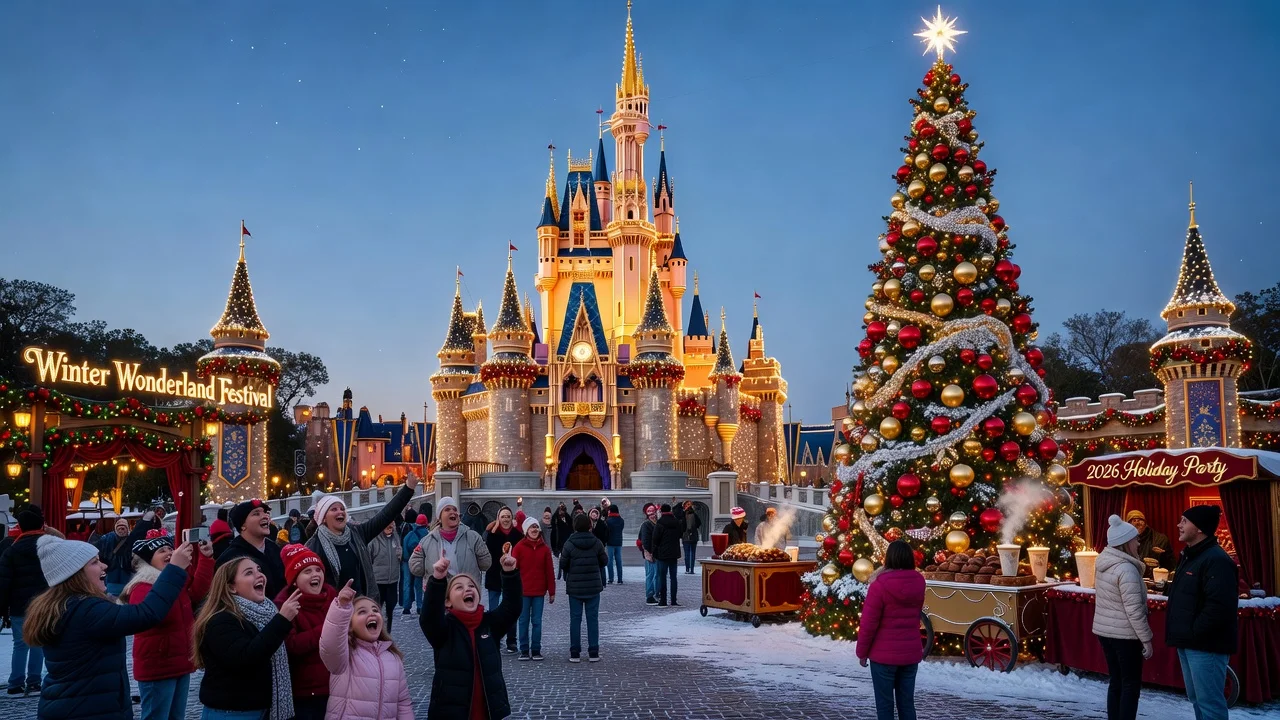 Walt Disney World Castle with holiday decorations and crowds celebrating.
