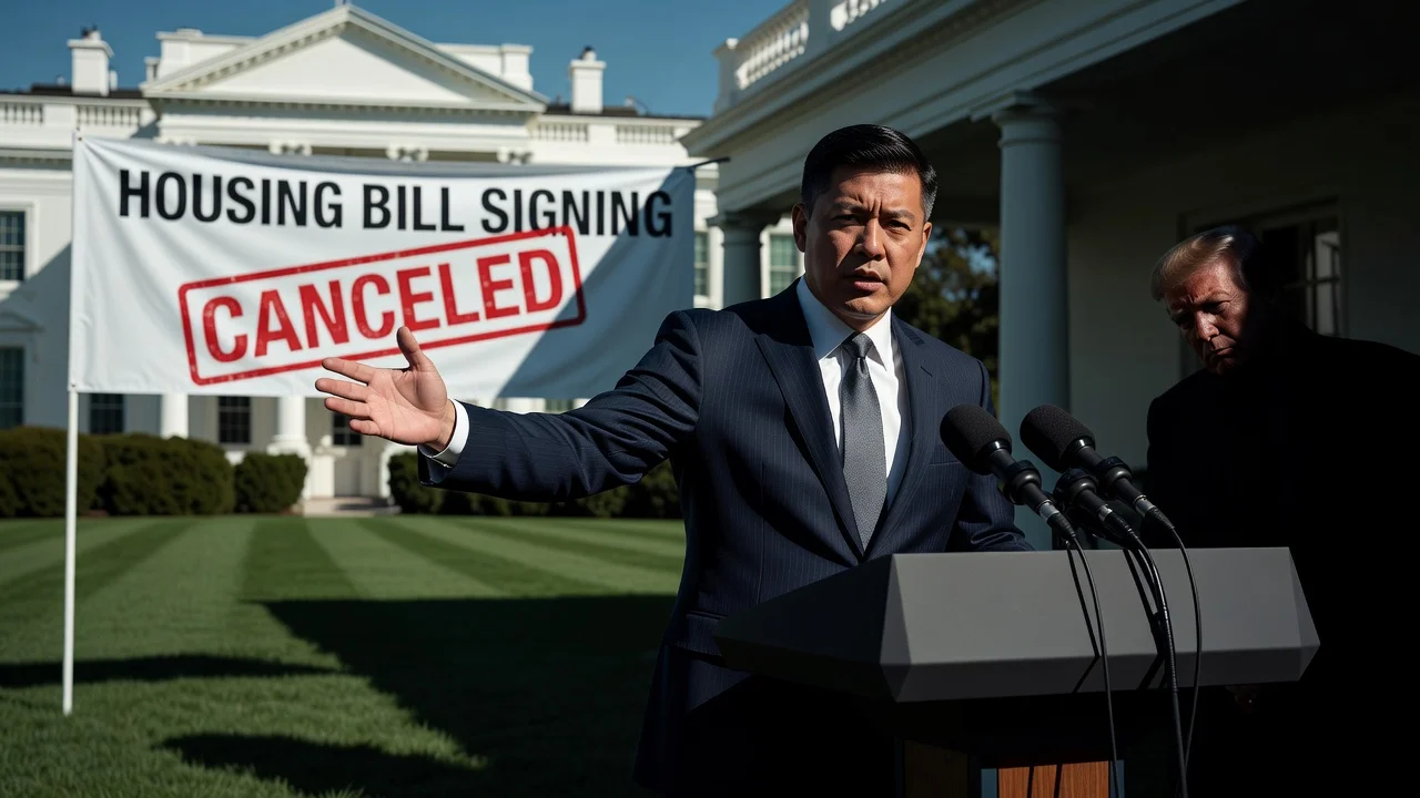 Illustration of Ted Lieu speculating on Trump's health regarding canceled housing bill.