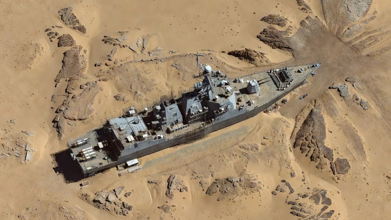 Satellite image of a mock U.S. destroyer in the Chinese desert used for weapons testing.