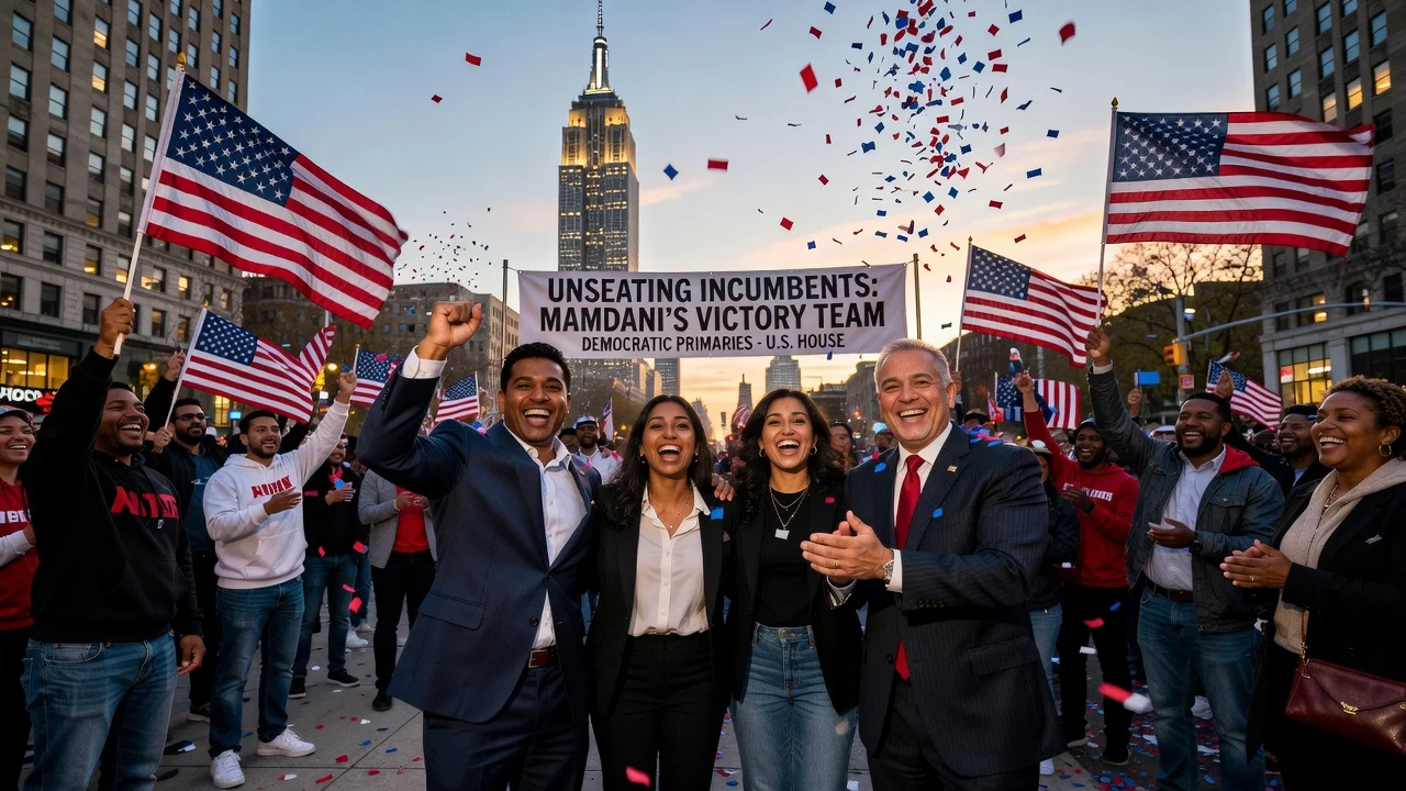 Three victorious candidates celebrating New York primary election wins endorsed by Mayor Mamdani.