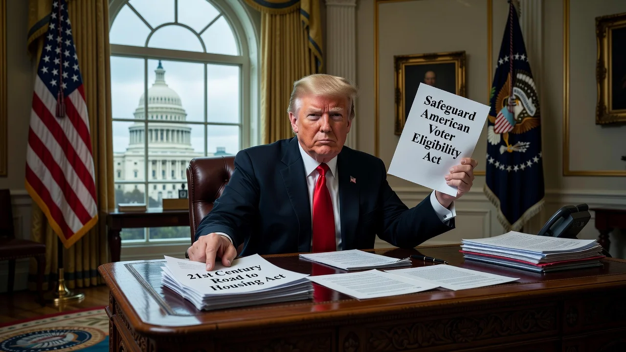 President Trump in the Oval Office canceling a housing bill signing over voter act demands