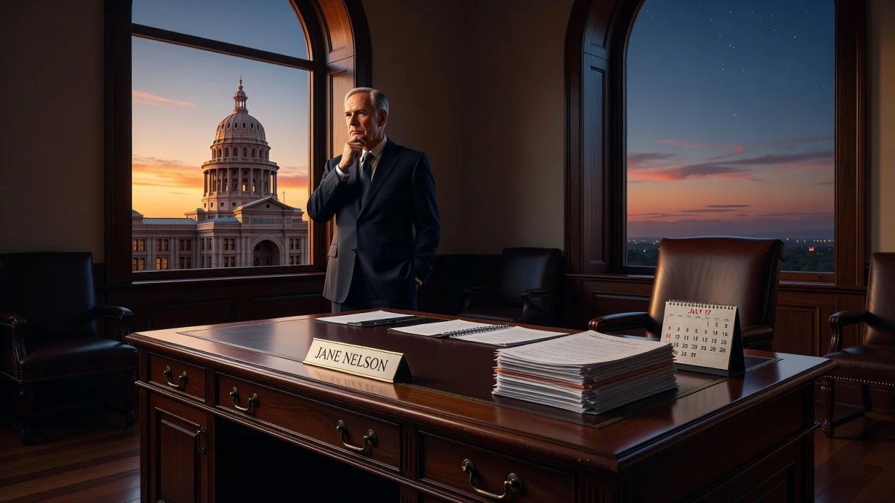 Illustration of Texas Capitol with empty Secretary of State desk and Governor Abbott, representing leadership change.