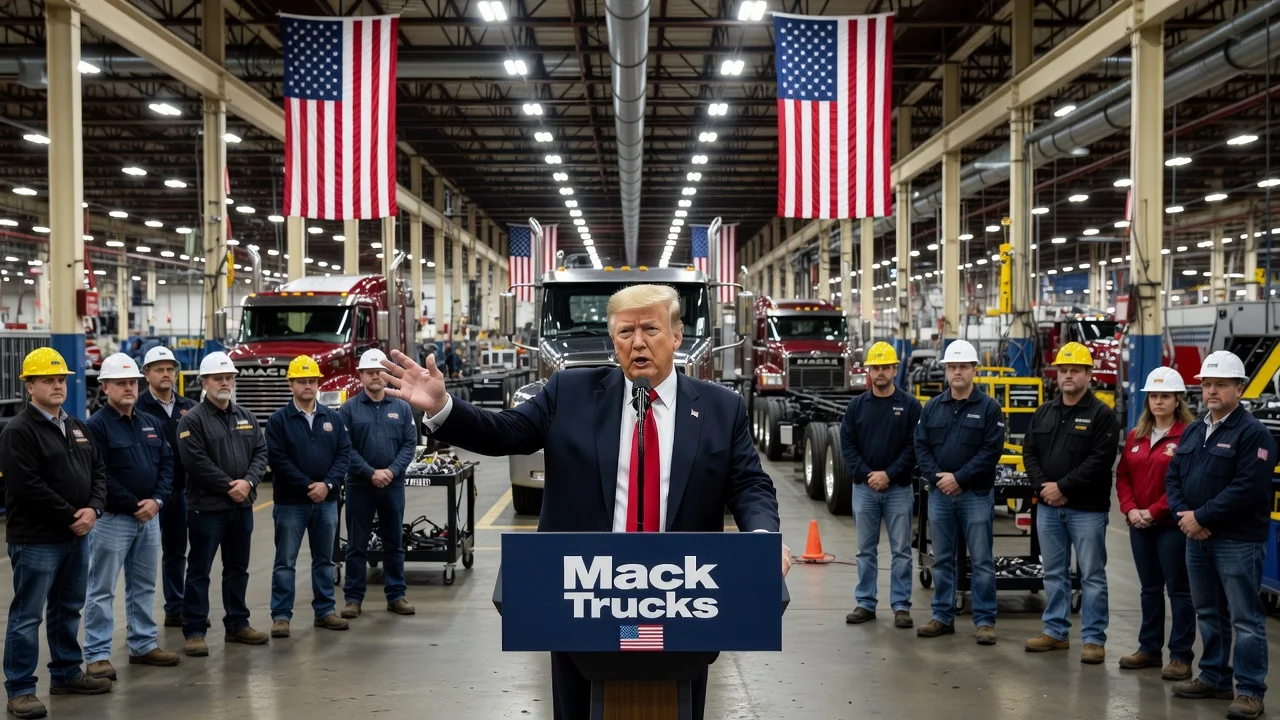 President Donald Trump speaking at a Mack Trucks plant in Pennsylvania amid questions on economic policies and Iran defense spending.