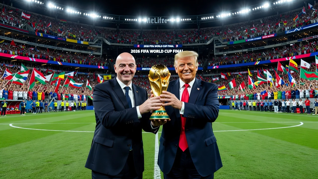 Gianni Infantino and Donald Trump presenting the World Cup trophy at MetLife Stadium.
